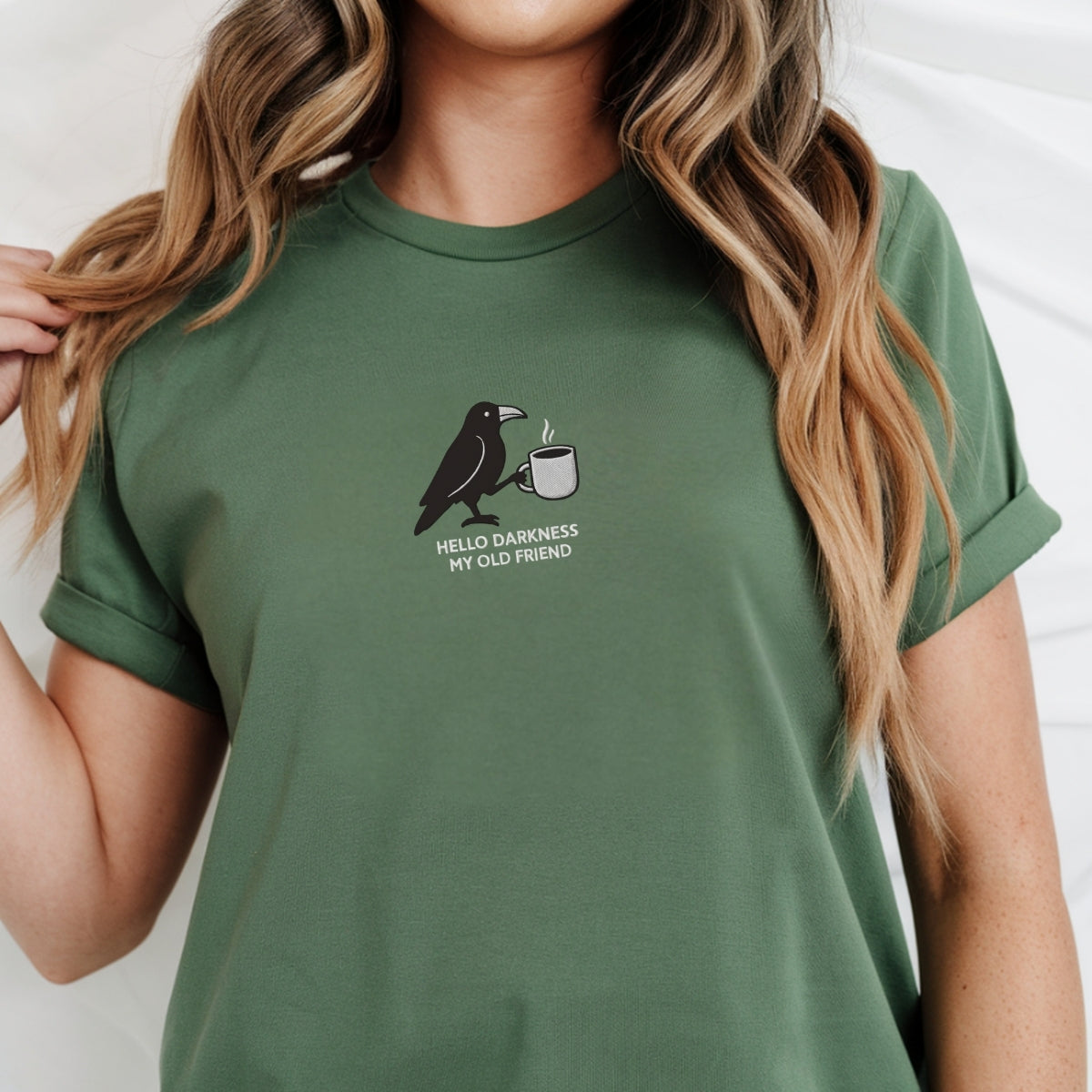 Custom Embroidered Hello Darkness My Old Friend Raven T-Shirt | Crow & Coffee Tee – Funny Gothic Halloween Gift