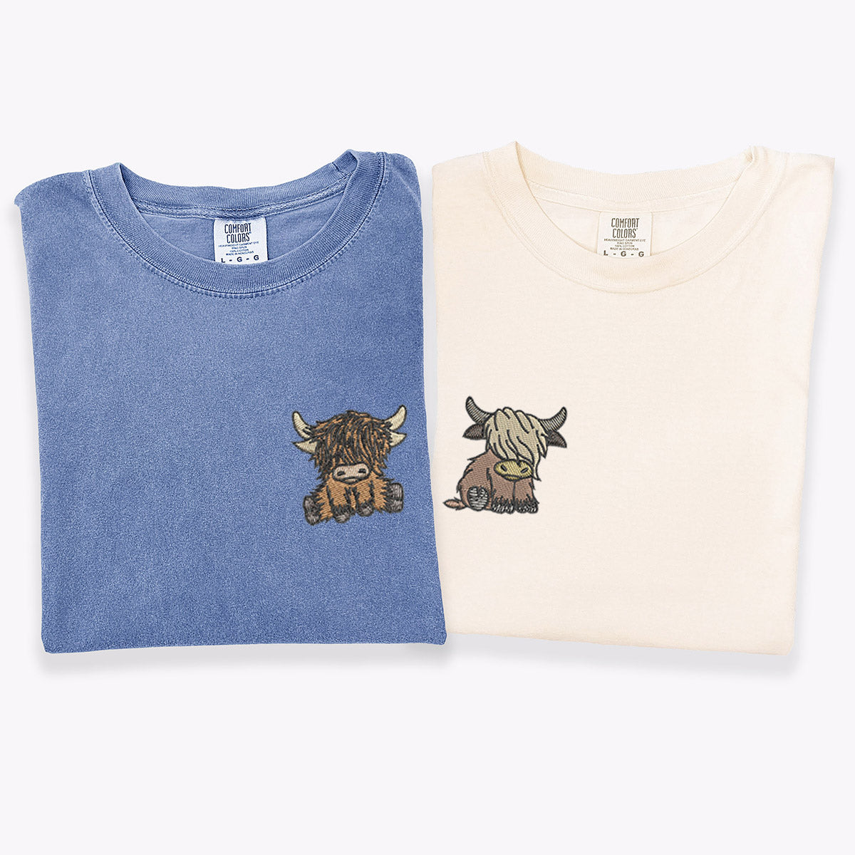 T-shirts assortis personnalisés brodés avec motif vache des Highlands pour couples