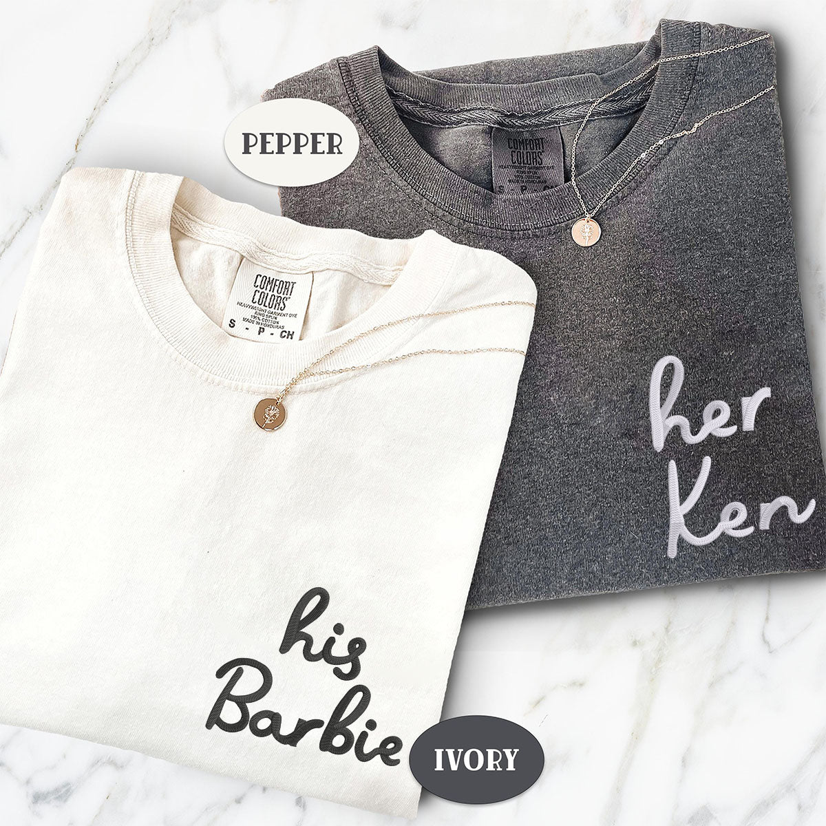 T-shirts assortis brodés personnalisés « His Barbie Her Ken » pour couples