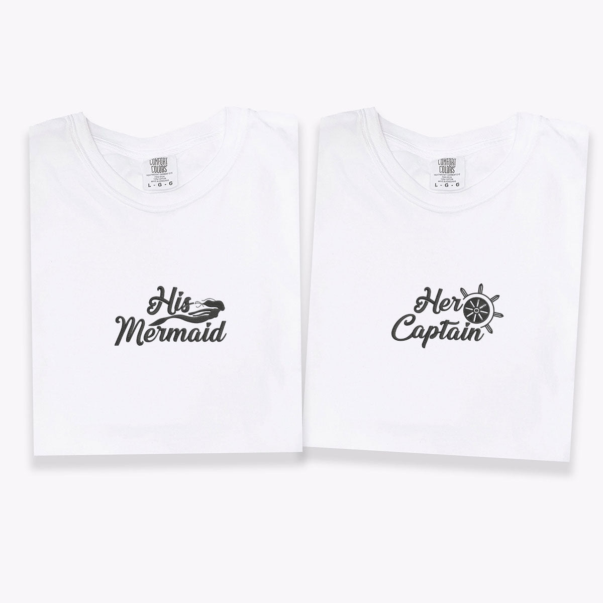 Custom Embroidered His Mermaid Her Captain Matching T-shirts for Couples