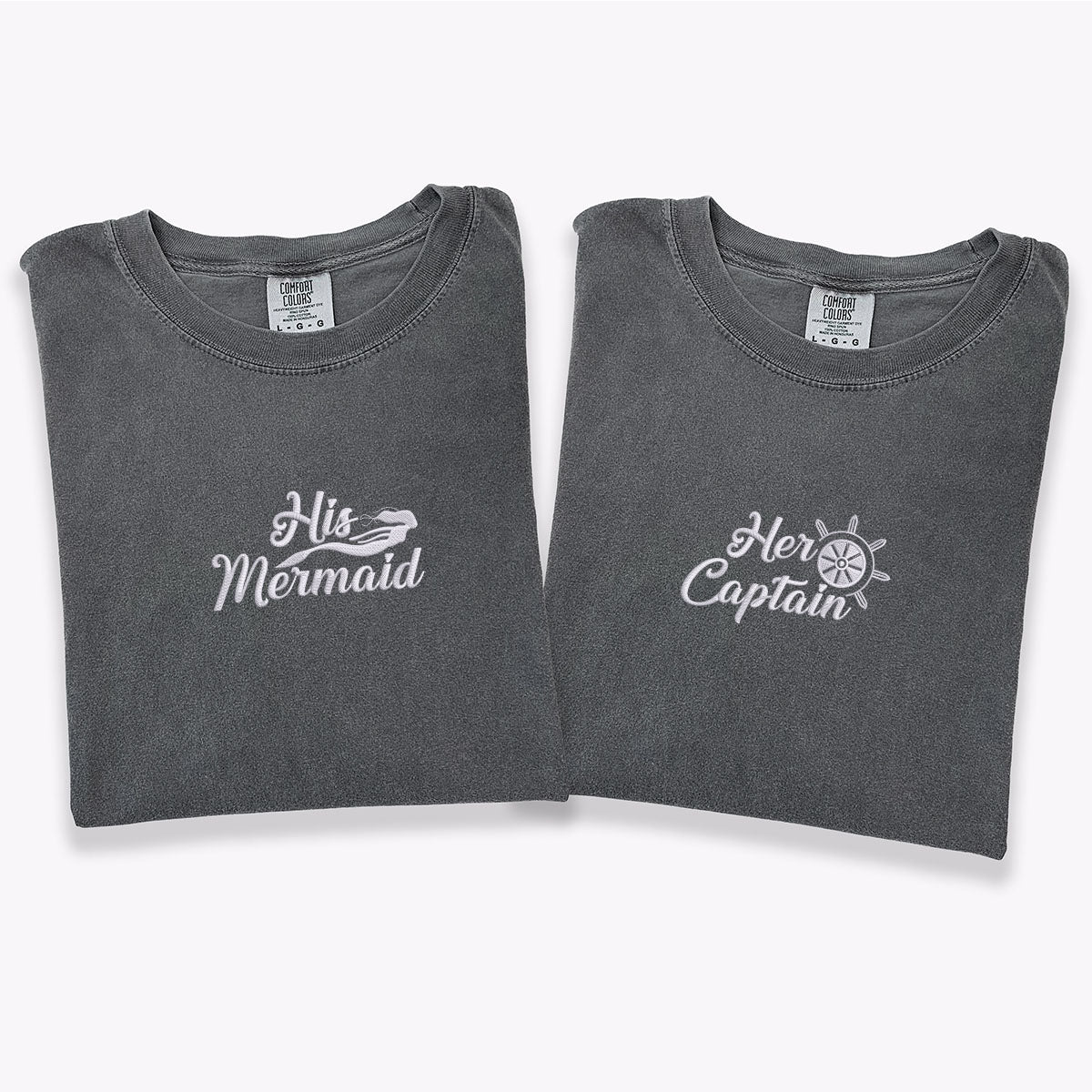 Custom Embroidered His Mermaid Her Captain Matching T-shirts for Couples