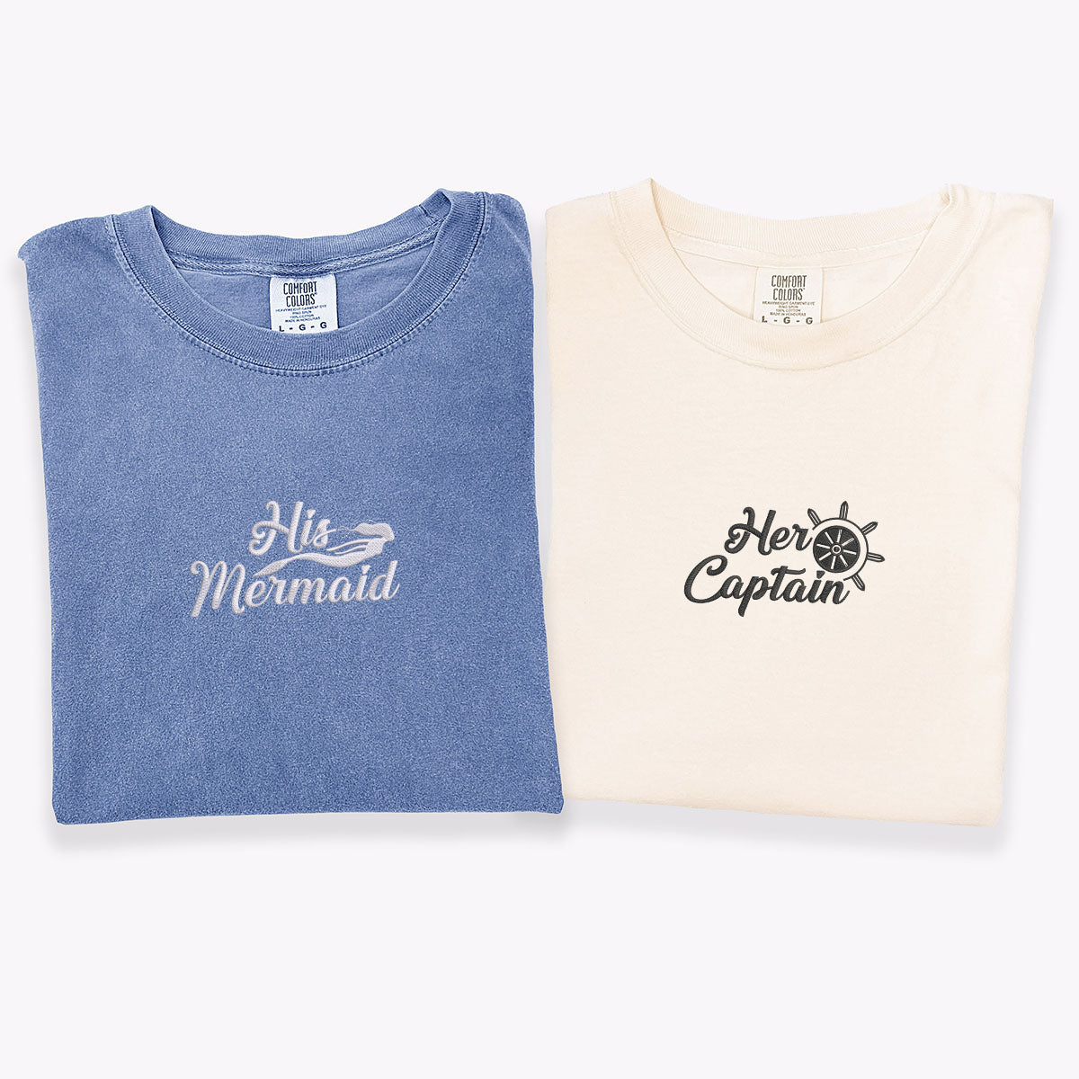Custom Embroidered His Mermaid Her Captain Matching T-shirts for Couples
