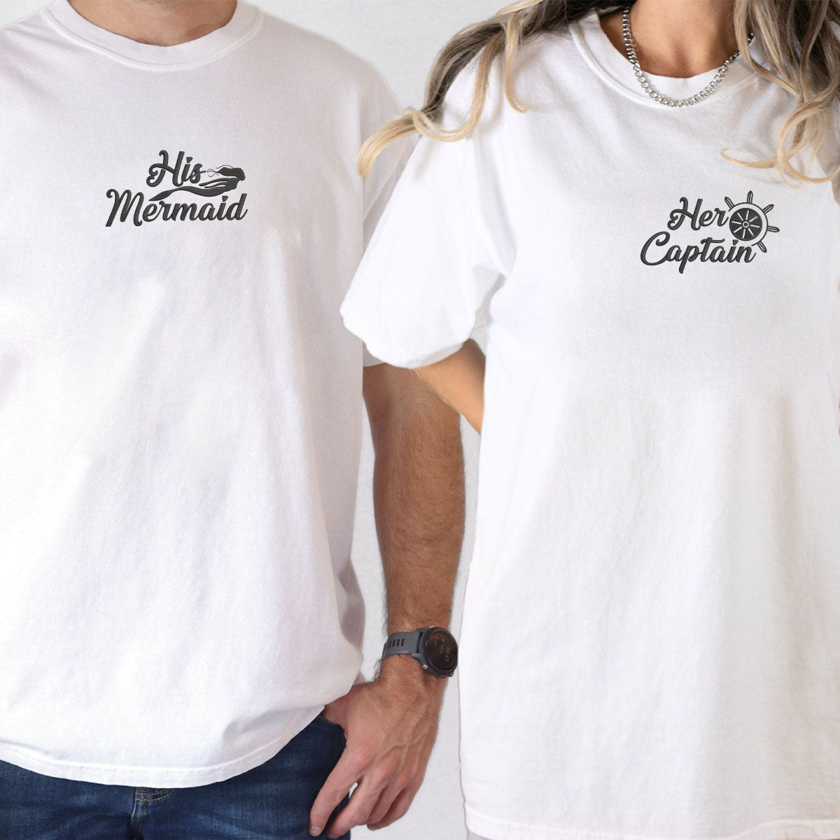 Custom Embroidered His Mermaid Her Captain Matching T-shirts for Couples