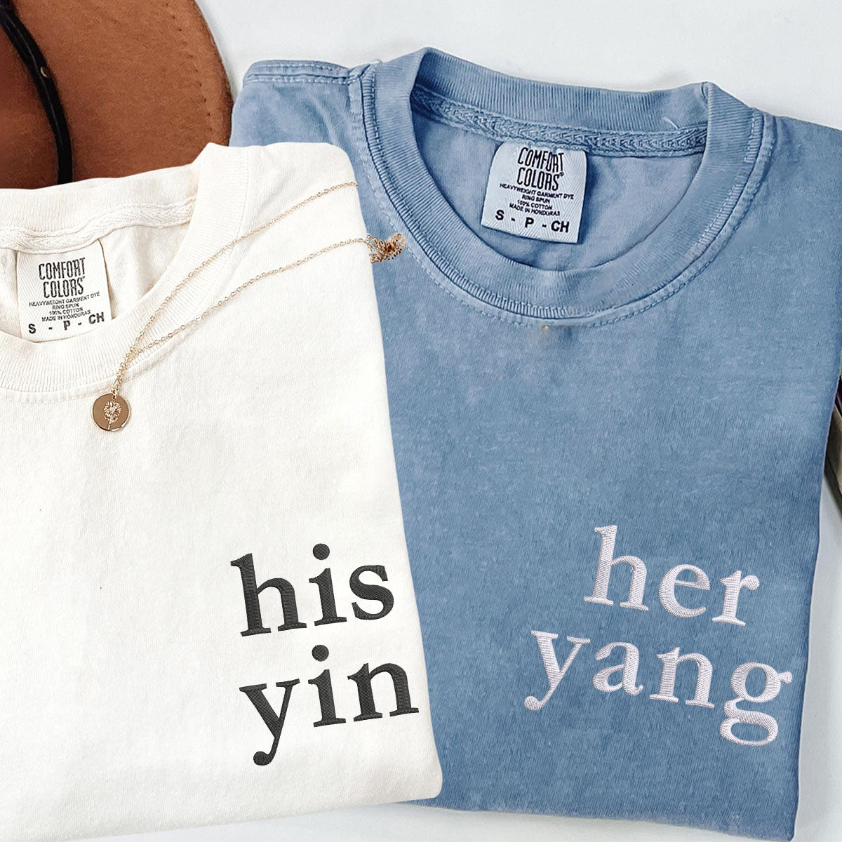 Custom Embroidered His Yin Her Yang Matching T-shirts for Couples