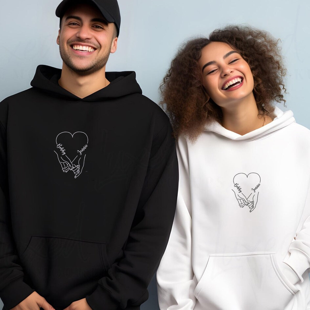 Sweats à capuche assortis brodés personnalisés avec ange et chat démon pour couples