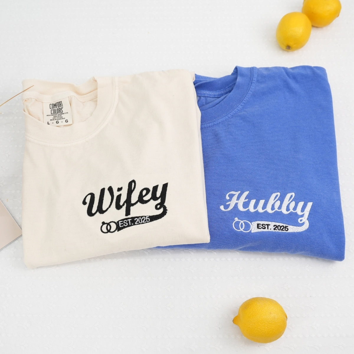 Custom Embroidered Hubby and Wifey Matching T-shirts for Couples