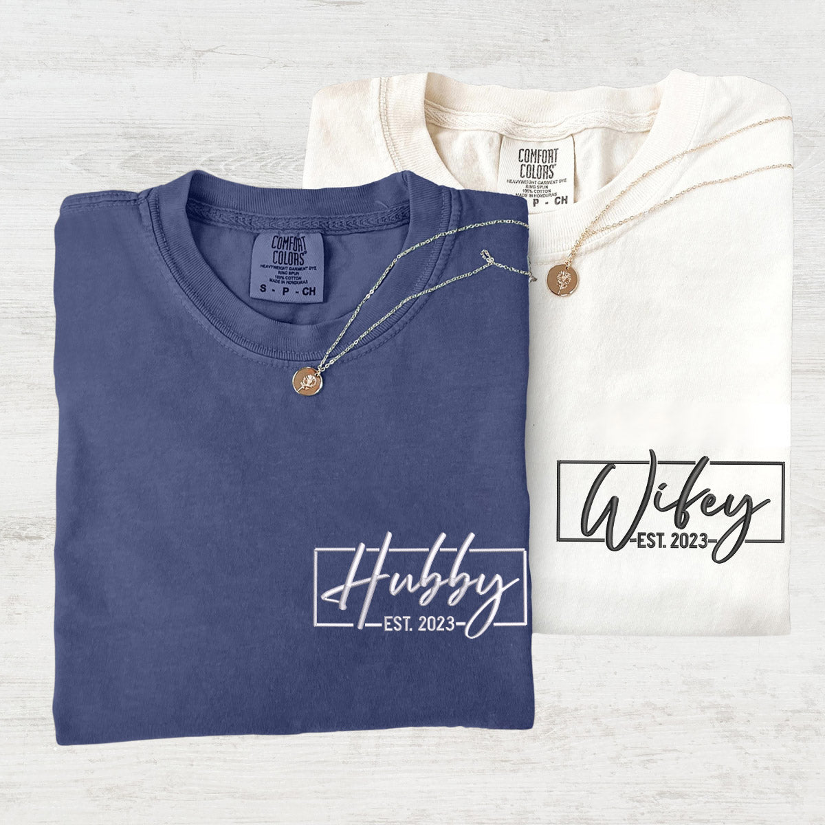 Custom Embroidered Hubby and Wifey Matching T-shirts for Couples