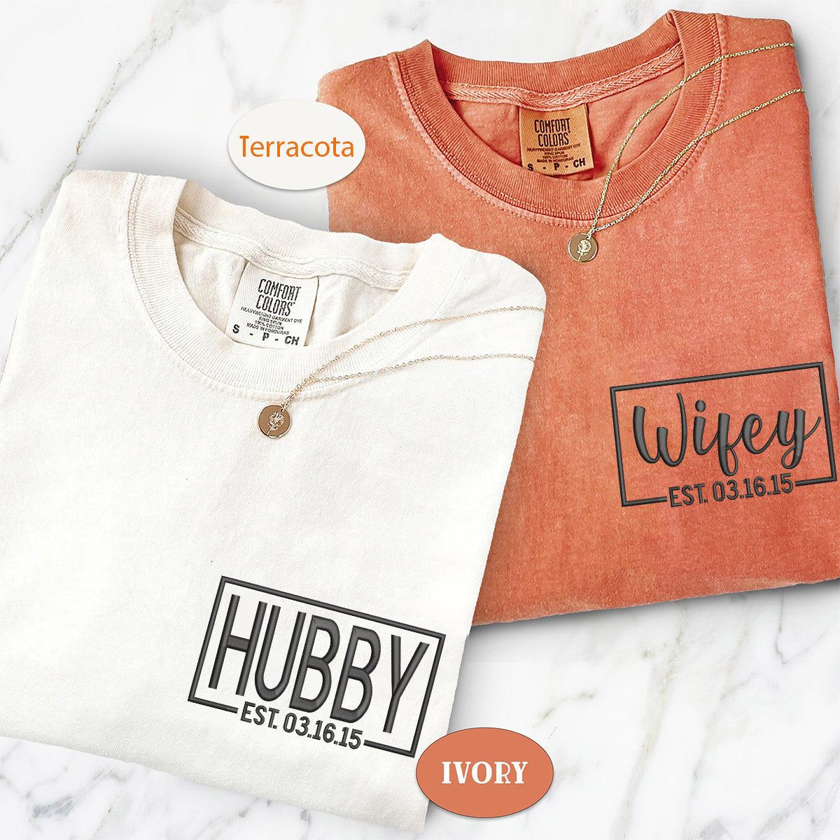 Custom Embroidered Hubby and Wifey Matching T-shirts for Couples