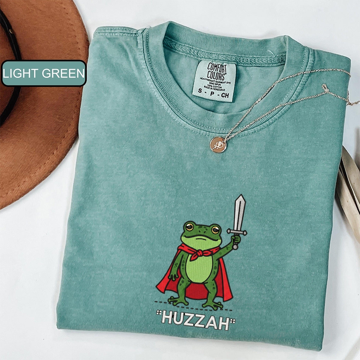 Custom Embroidered Huzzah Frog T-Shirt | Funny DnD Renaissance Faire Tee – Medieval Fantasy Gamer Gift