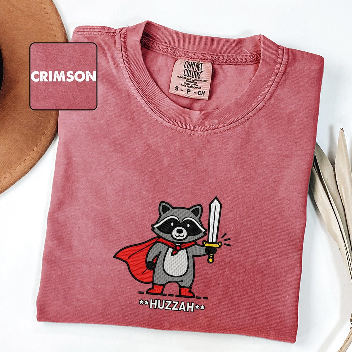 Custom Embroidered Huzzah Raccoon T-Shirt | Funny Medieval Meme Tee – Renaissance Faire & DnD Gamer Gift