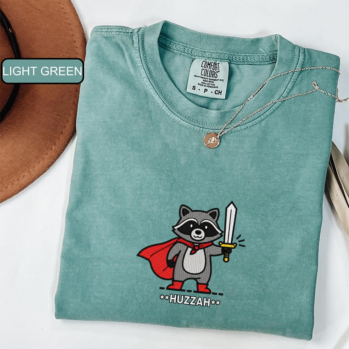 Custom Embroidered Huzzah Raccoon T-Shirt | Funny Medieval Meme Tee – Renaissance Faire &amp; DnD Gamer Gift
