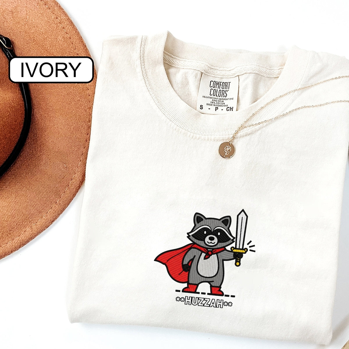 Custom Embroidered Huzzah Raccoon T-Shirt | Funny Medieval Meme Tee – Renaissance Faire & DnD Gamer Gift