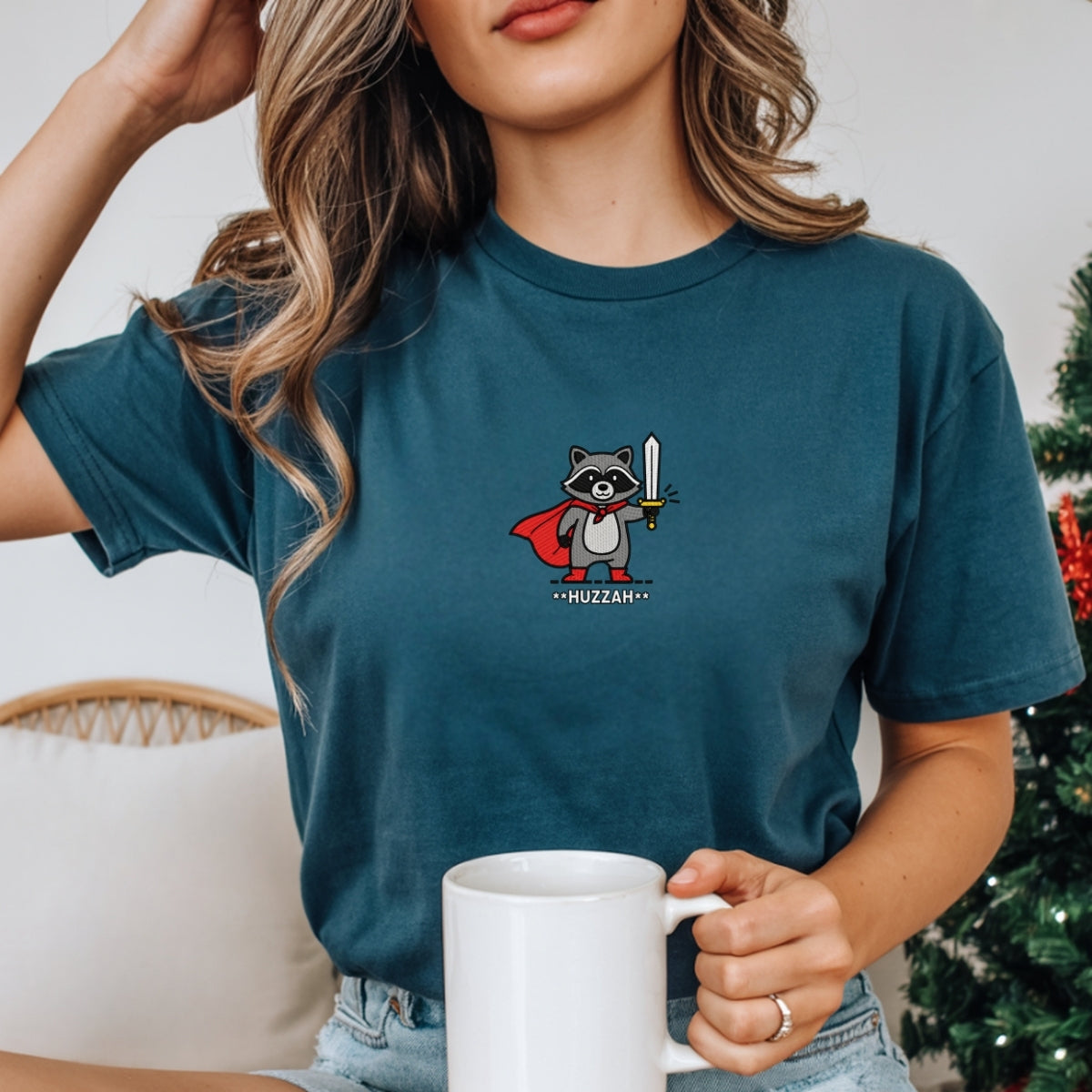 Custom Embroidered Huzzah Raccoon T-Shirt | Funny Medieval Meme Tee – Renaissance Faire & DnD Gamer Gift