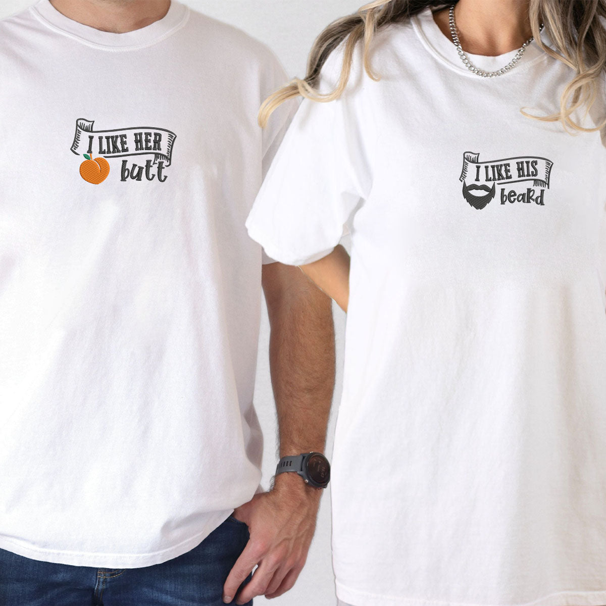 Custom Embroidered I Like His Beard Matching T-shirts for Couples