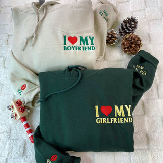 Sweats à capuche personnalisés brodés « J'aime mon copain/ma copine » assortis pour couples