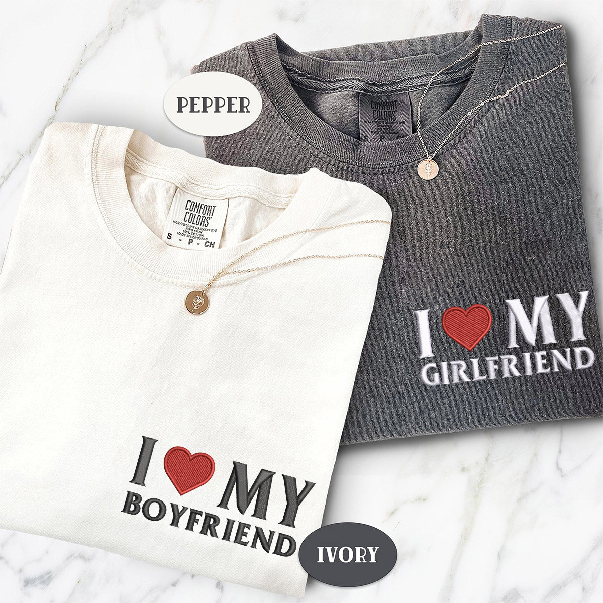 Individuell bestickte „Ich liebe meine Freundin, meinen Freund“-T-Shirts für Paare