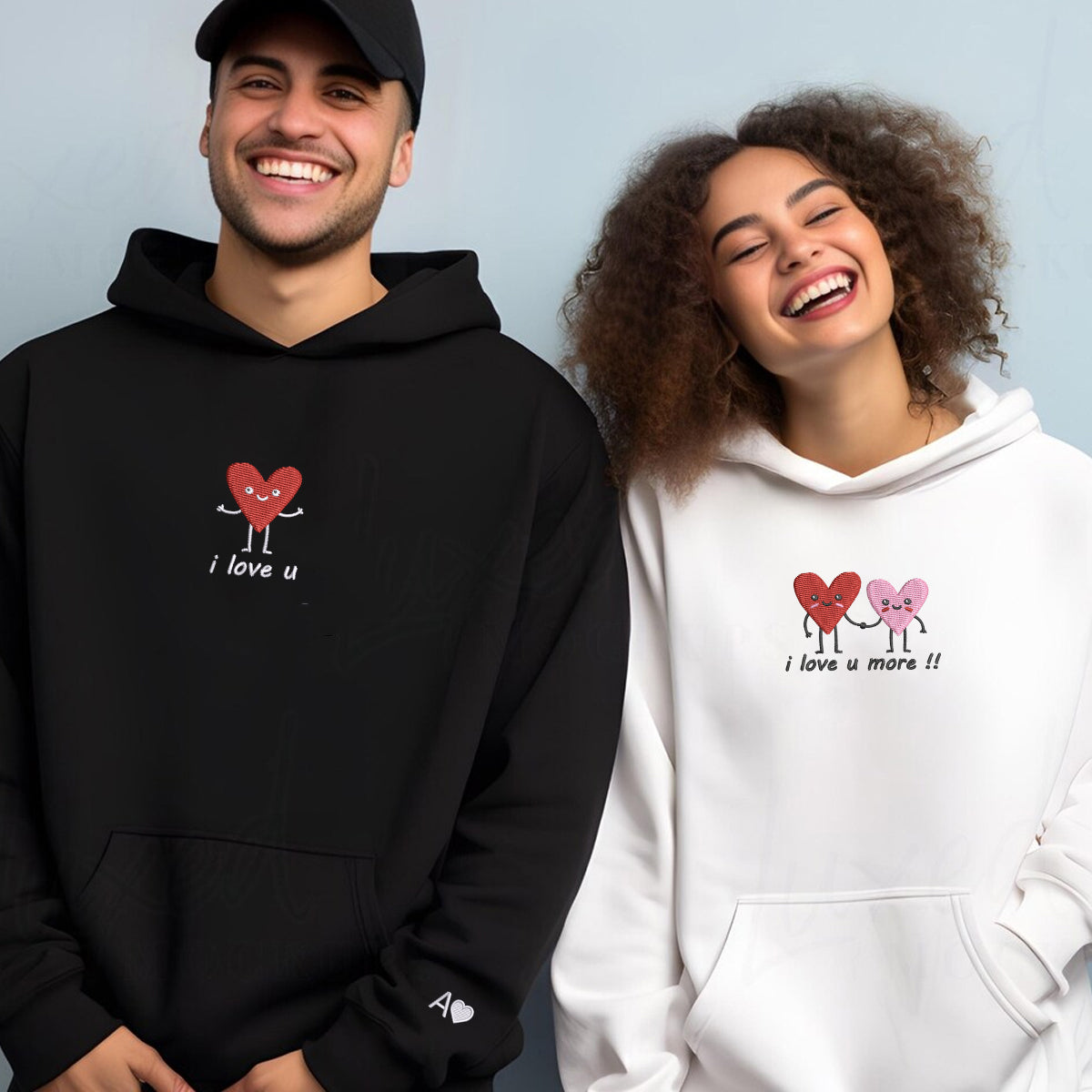 Sweats à capuche personnalisés brodés « Je t'aime plus » assortis pour couples