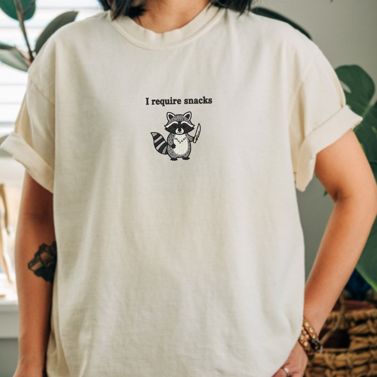 Custom Embroidered I Require Snacks T-Shirt | Feral Raccoon Meme Tee – Cute Animal Shirt Gift