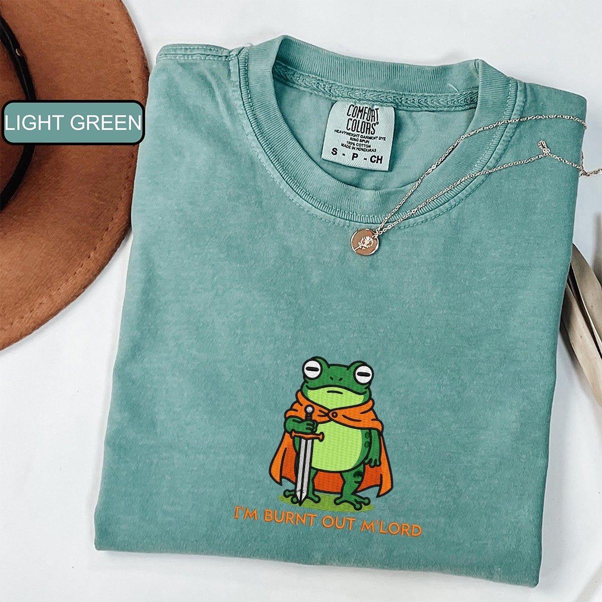 Custom Embroidered I’m Burnt Out, My Lord T-Shirt | Funny Knight Frog Tee – Medieval Meme Embroidered Gift