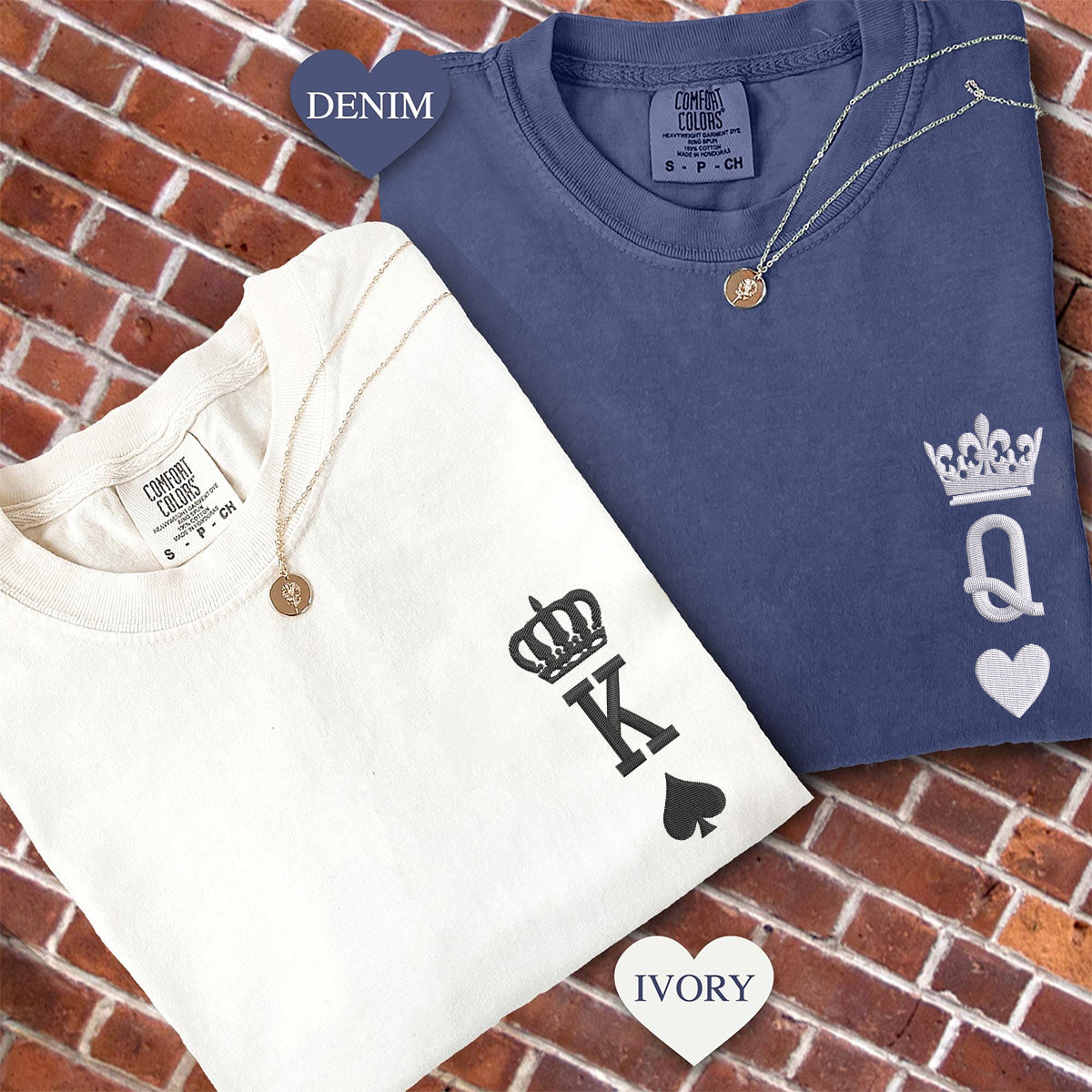 T-shirts personnalisés brodés représentant le roi et la reine pour les couples