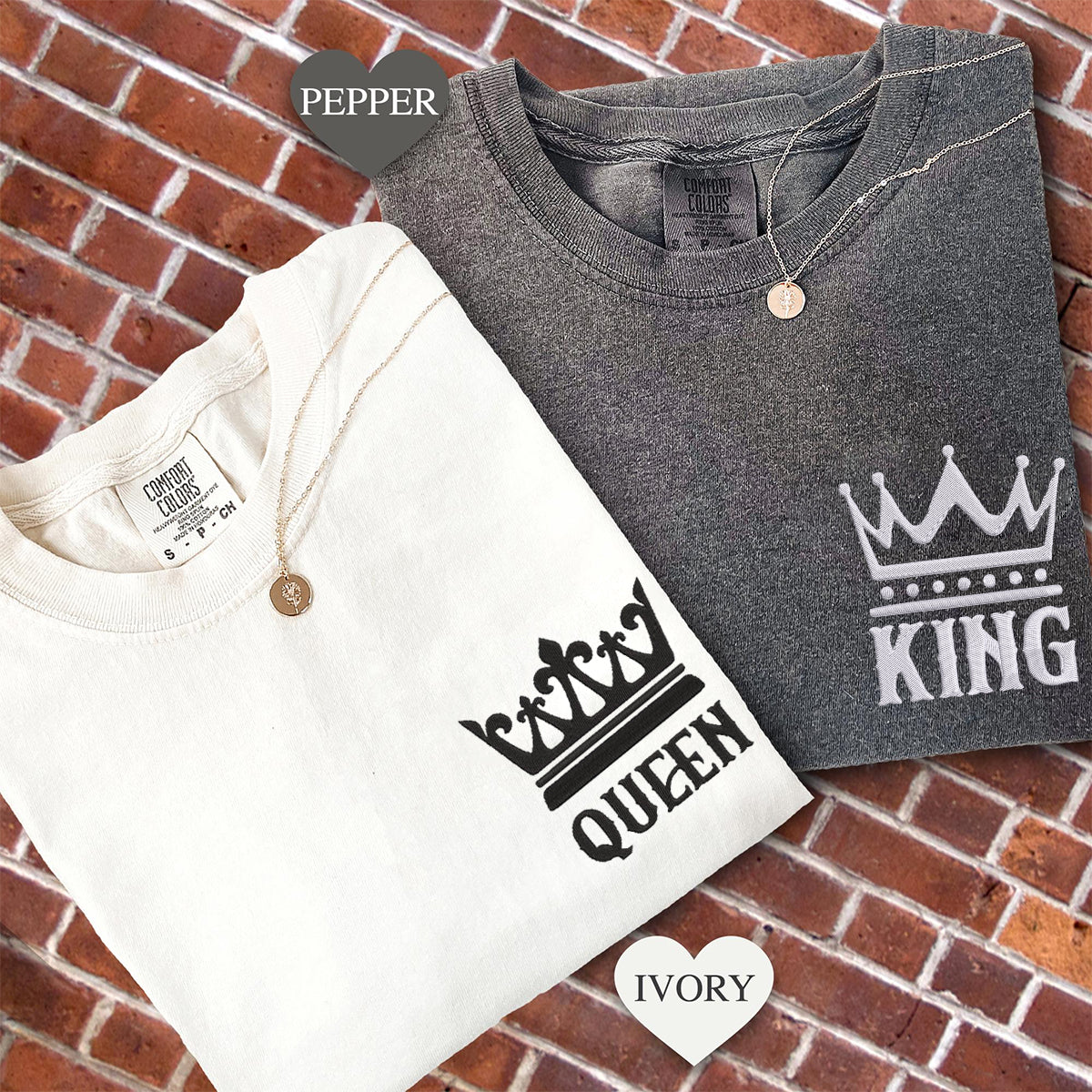 T-shirts personnalisés brodés représentant le roi et la reine pour les couples