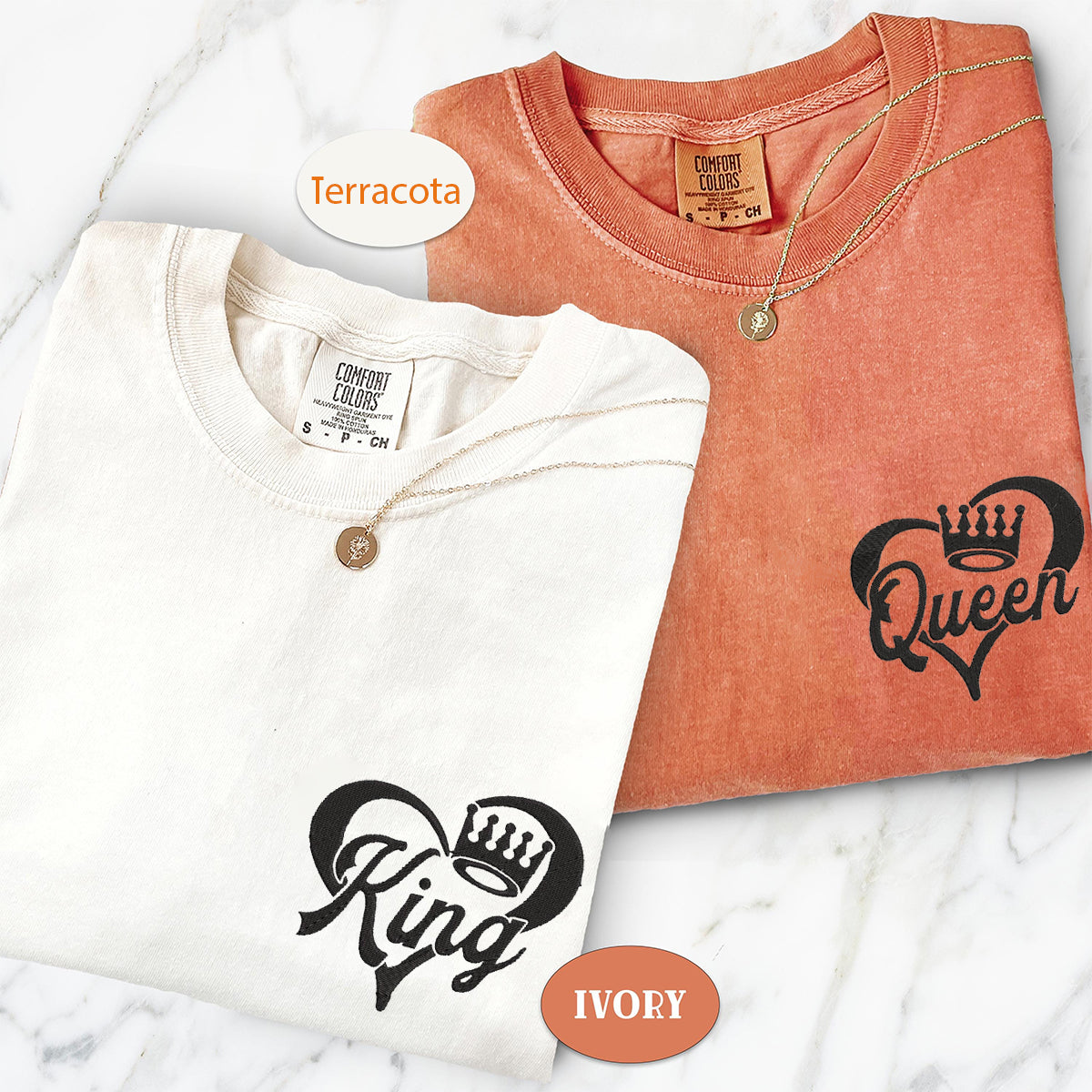 T-shirts personnalisés brodés représentant le roi et la reine pour les couples