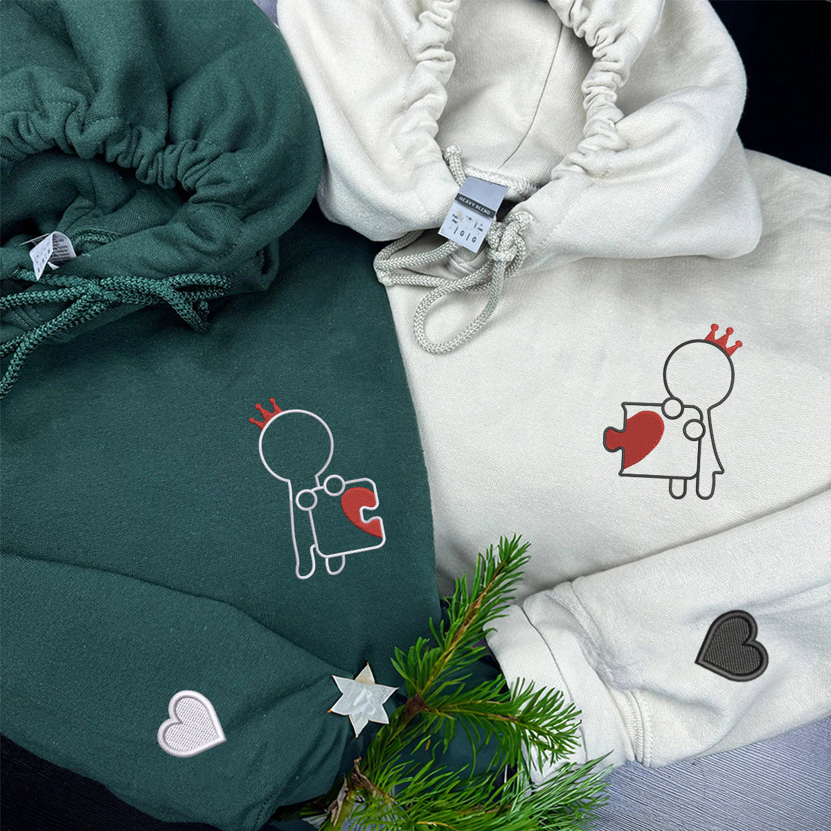 Sweats à capuche assortis brodés personnalisés Roi et Reine Puzzle Love pour couples