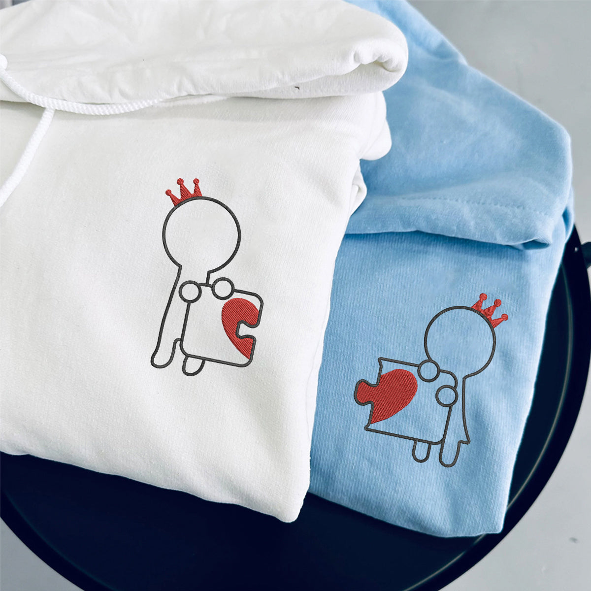 Sweats à capuche assortis brodés personnalisés Roi et Reine Puzzle Love pour couples
