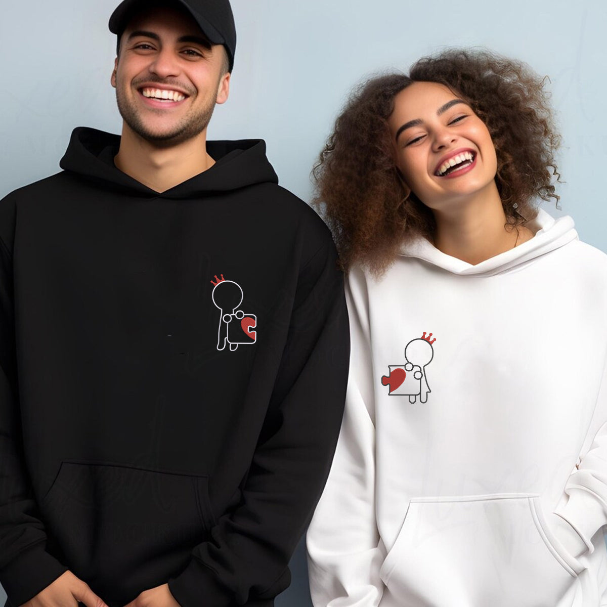 Sweats à capuche assortis brodés personnalisés Roi et Reine Puzzle Love pour couples