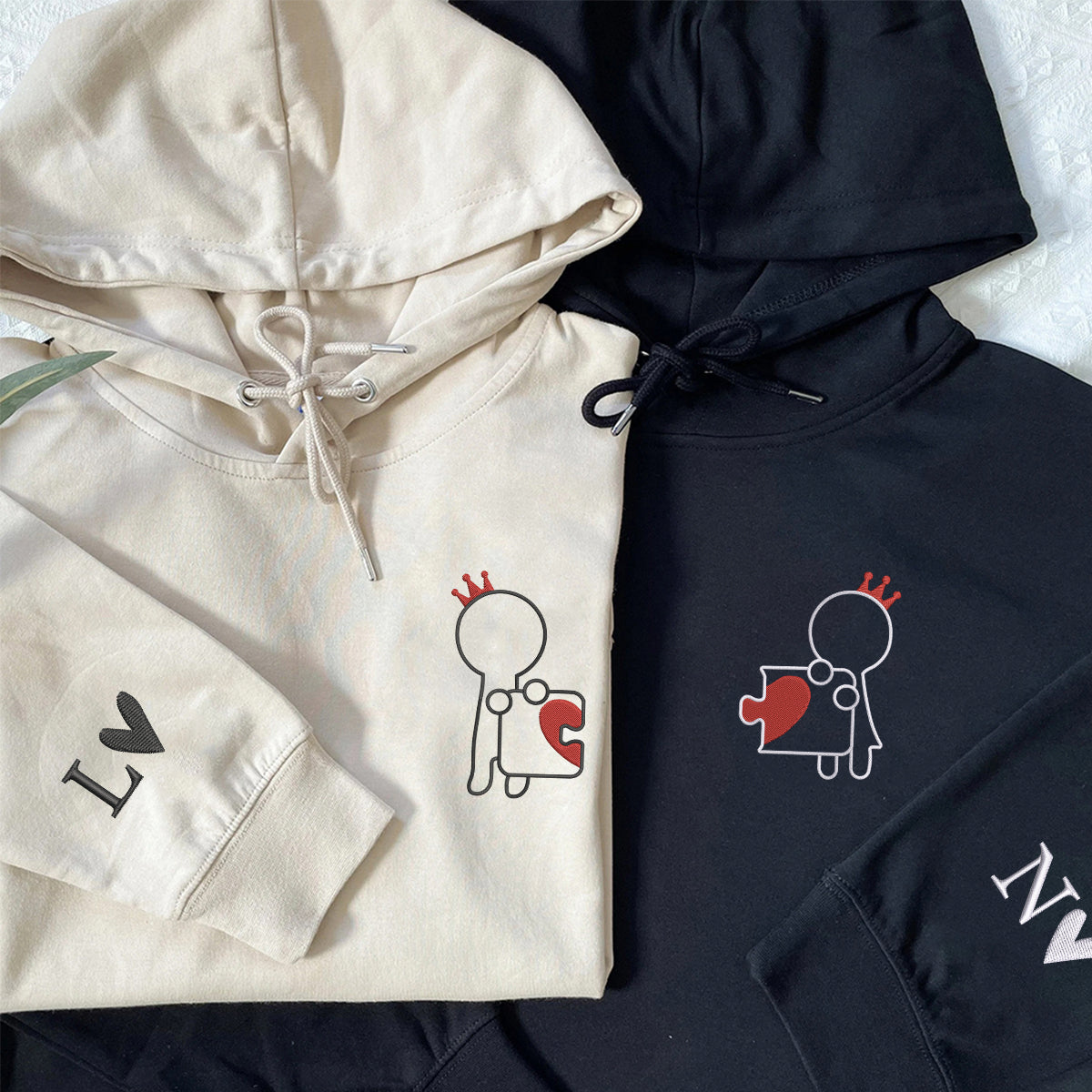 Sweats à capuche assortis brodés personnalisés Roi et Reine Puzzle Love pour couples