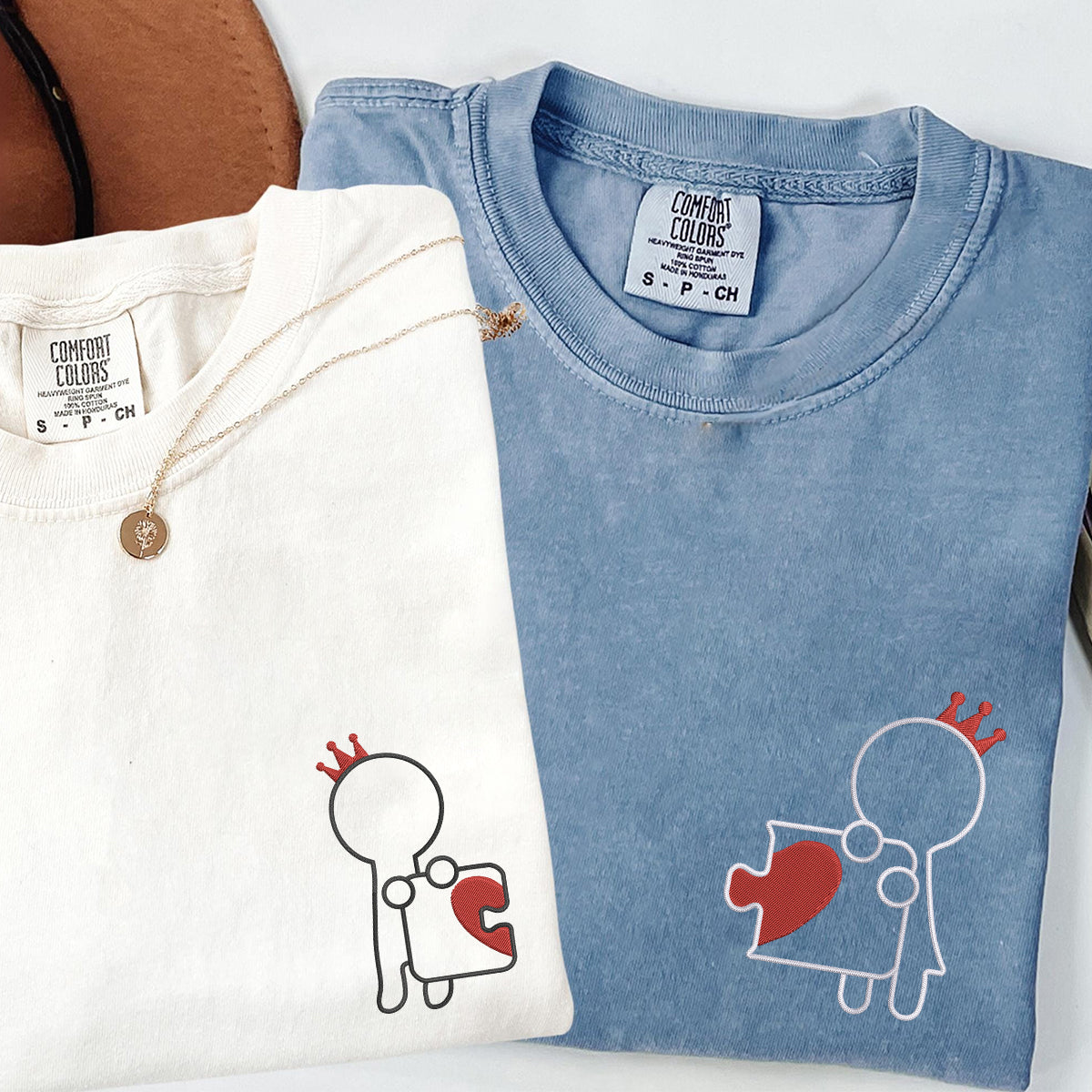 Custom Embroidered King and Queen Puzzle Love Matching T-shirts for Couples