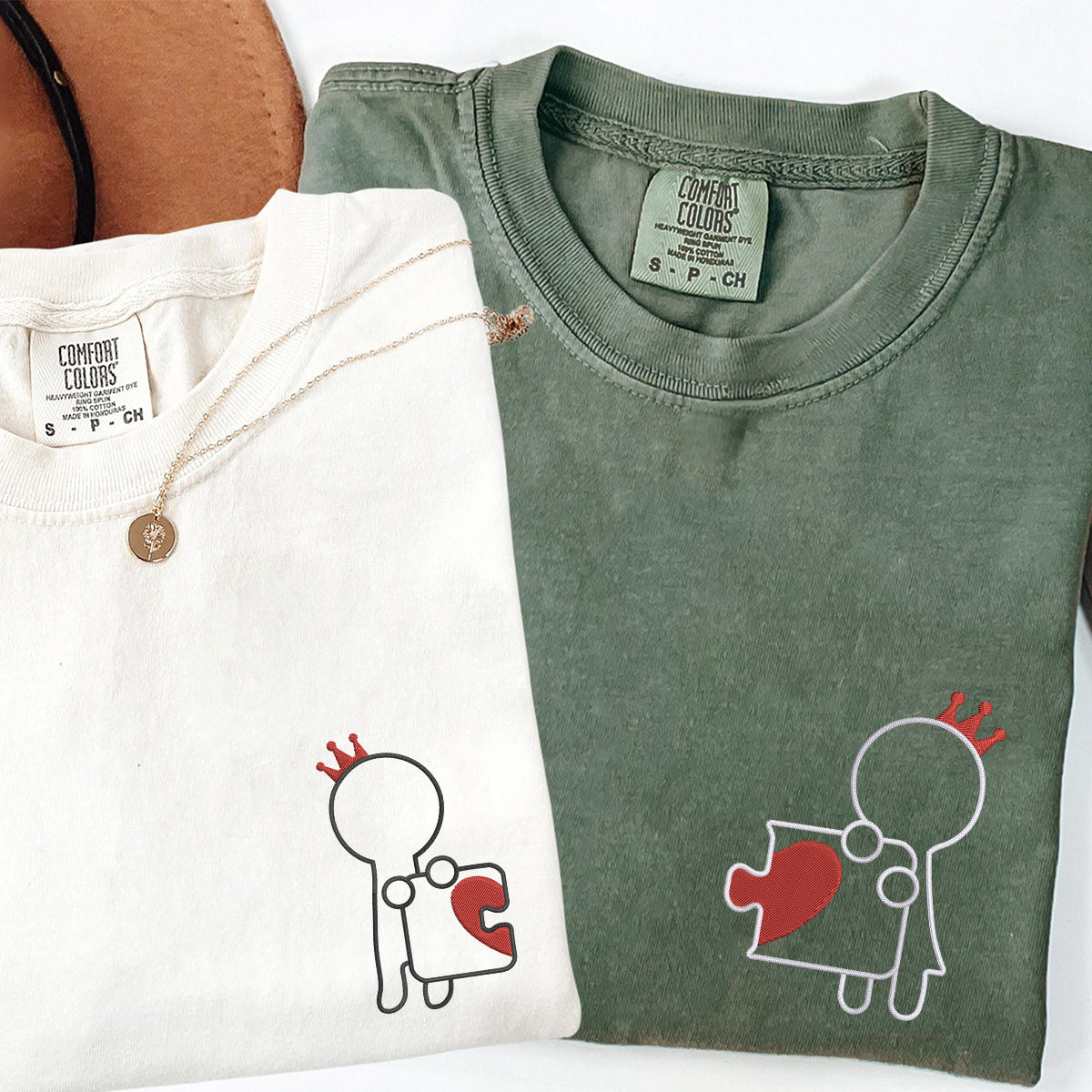 Custom Embroidered King and Queen Puzzle Love Matching T-shirts for Couples