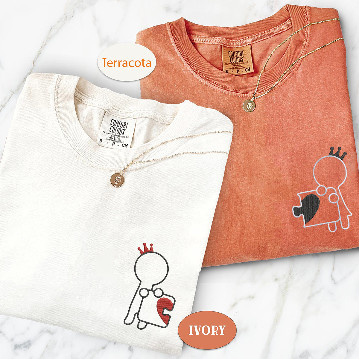 Custom Embroidered King and Queen Puzzle Love Matching T-shirts for Couples