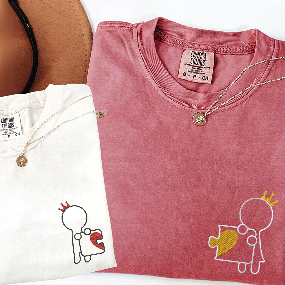 Custom Embroidered King and Queen Puzzle Love Matching T-shirts for Couples