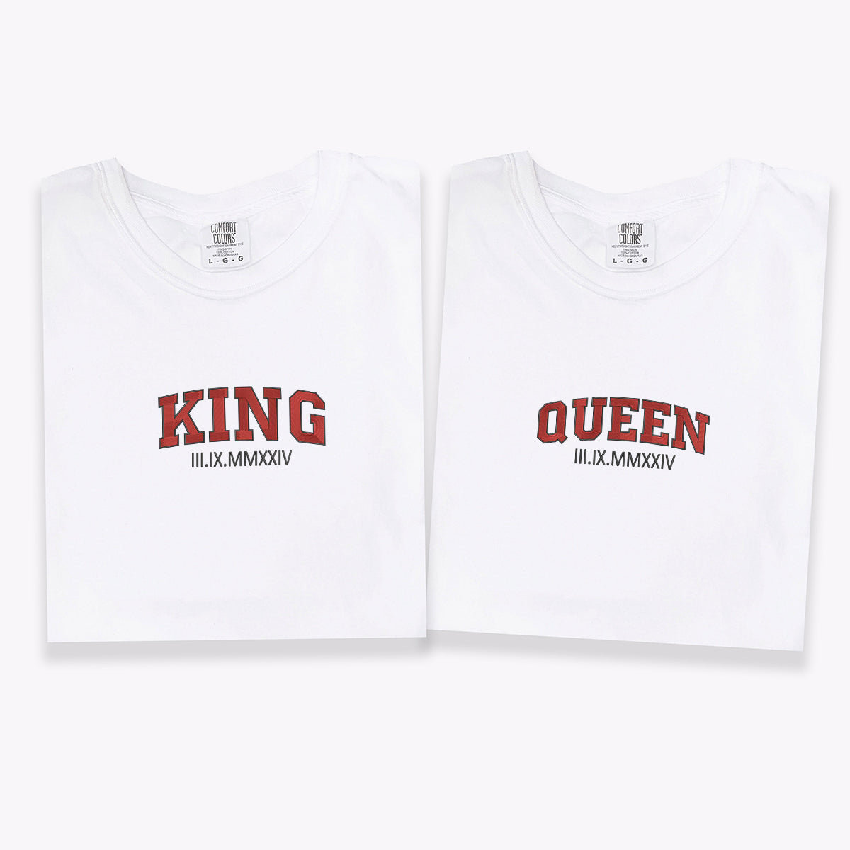 T-shirts personnalisés brodés avec chiffres romains Roi et Reine pour couples