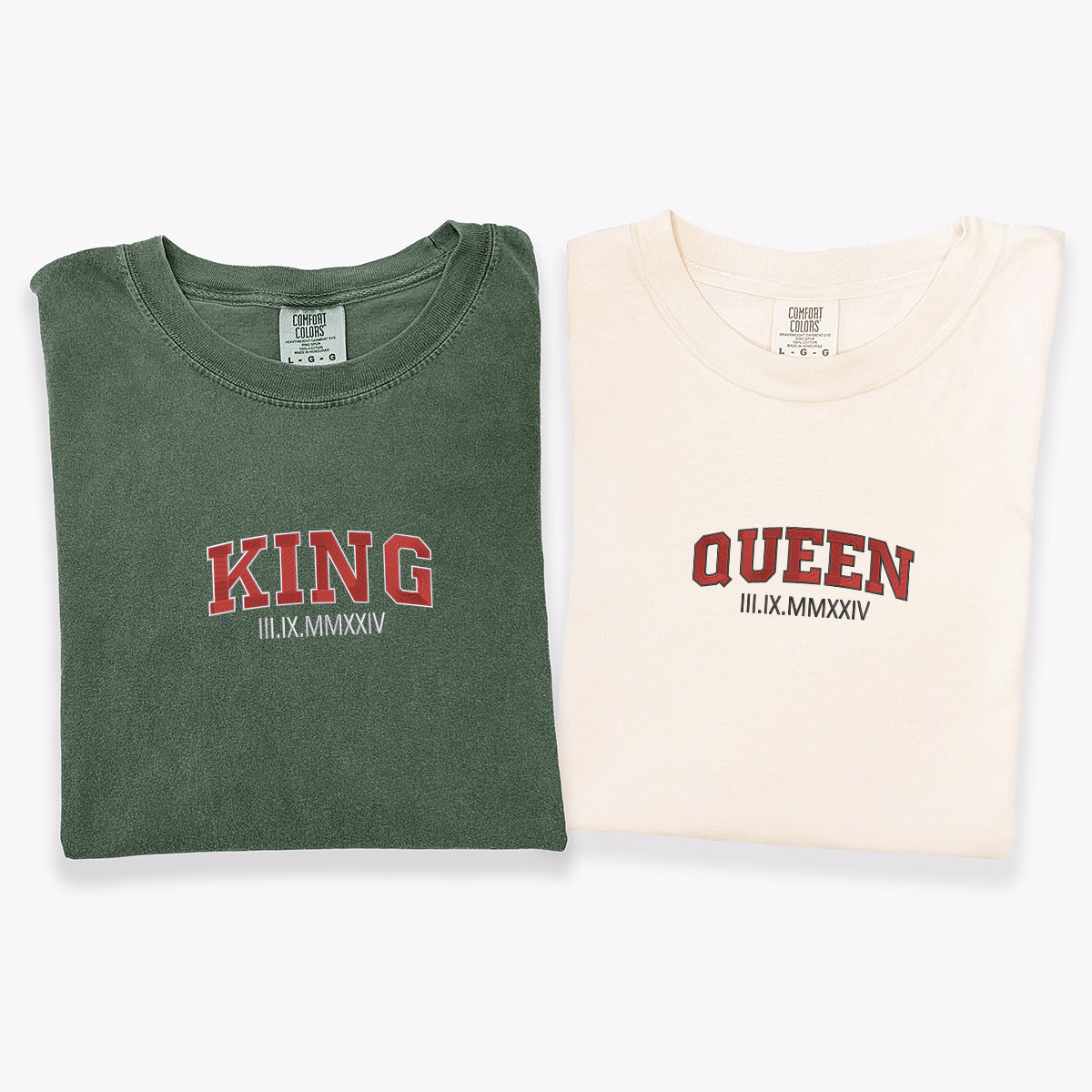 T-shirts personnalisés brodés avec chiffres romains Roi et Reine pour couples