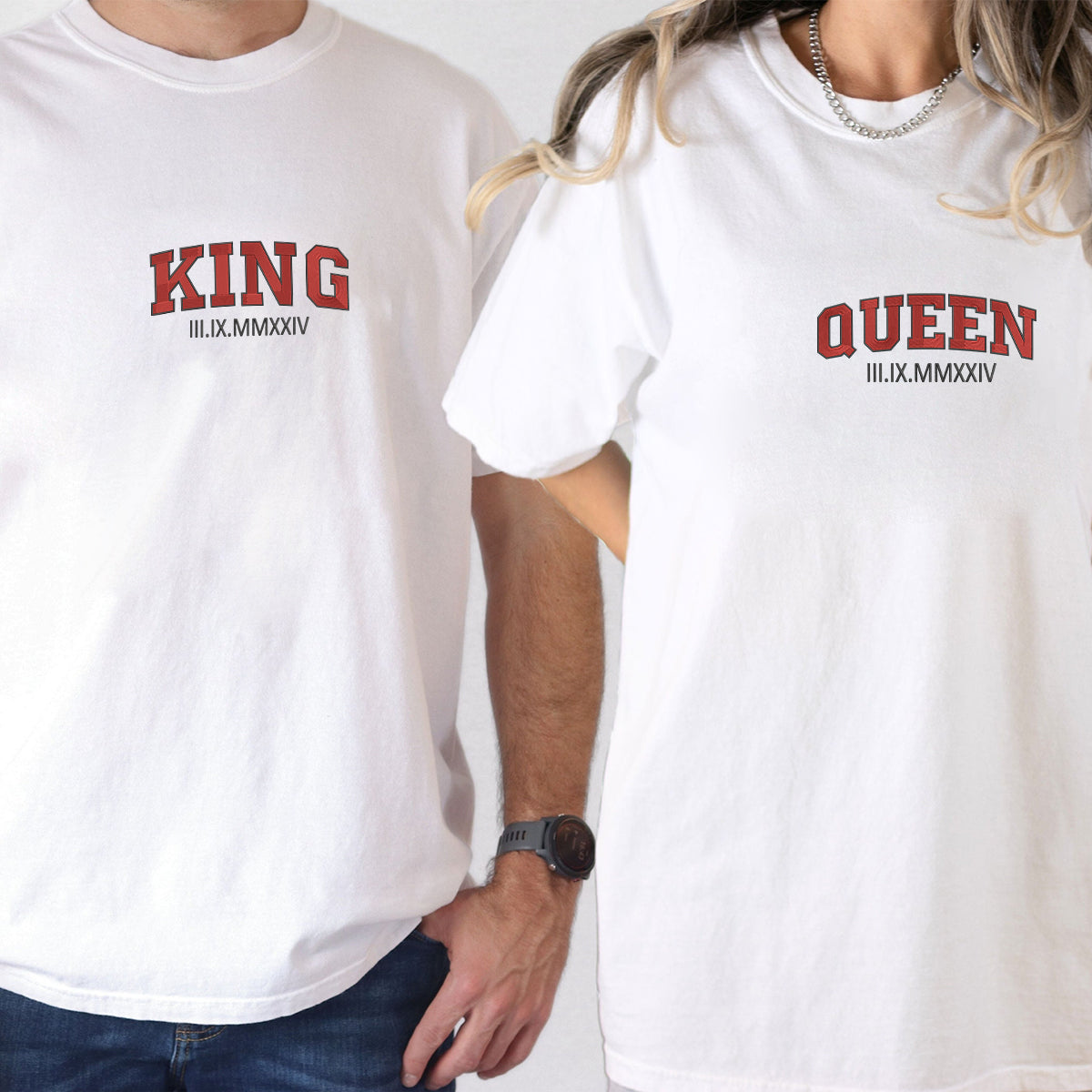 T-shirts personnalisés brodés avec chiffres romains Roi et Reine pour couples