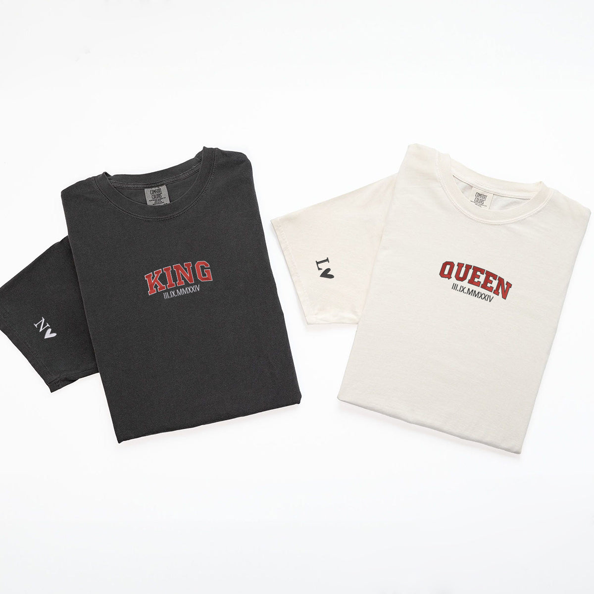 T-shirts personnalisés brodés avec chiffres romains Roi et Reine pour couples