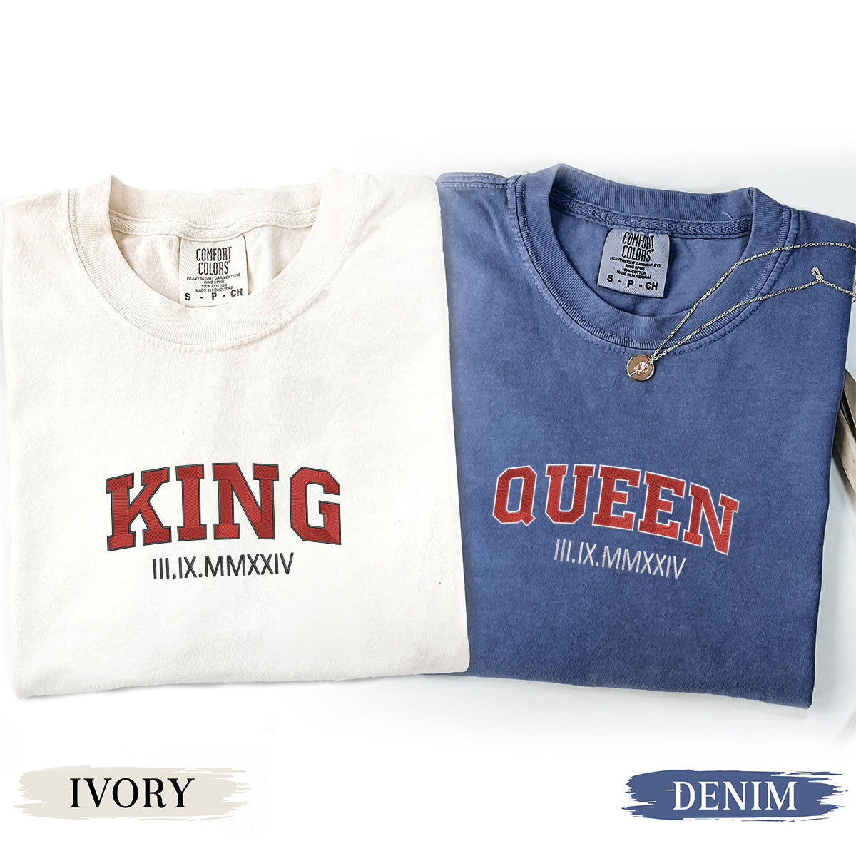 T-shirts personnalisés brodés avec chiffres romains Roi et Reine pour couples