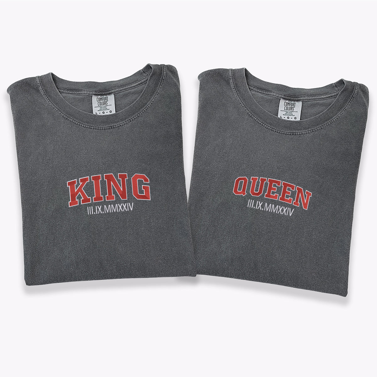 T-shirts personnalisés brodés avec chiffres romains Roi et Reine pour couples