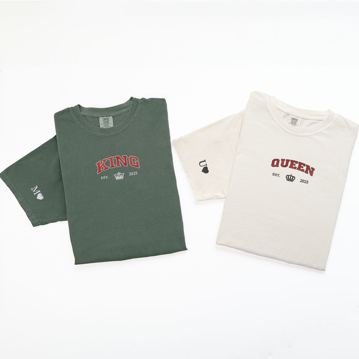 Custom Embroidered King and Queen with Est Year Matching T-shirts for Couples