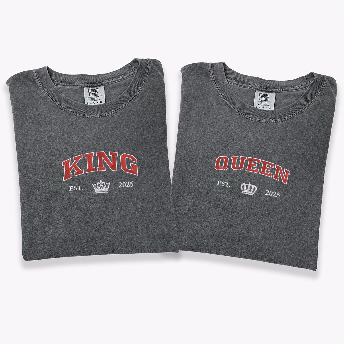 Custom Embroidered King and Queen with Est Year Matching T-shirts for Couples