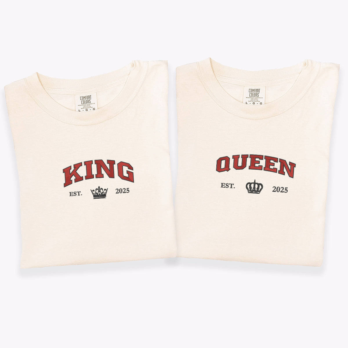 Custom Embroidered King and Queen with Est Year Matching T-shirts for Couples