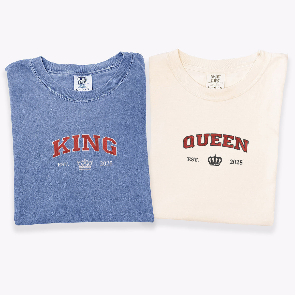 Custom Embroidered King and Queen with Est Year Matching T-shirts for Couples