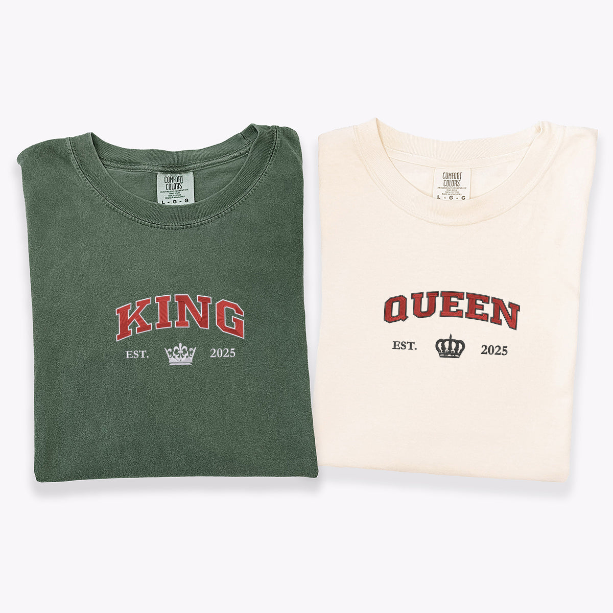 Custom Embroidered King and Queen with Est Year Matching T-shirts for Couples