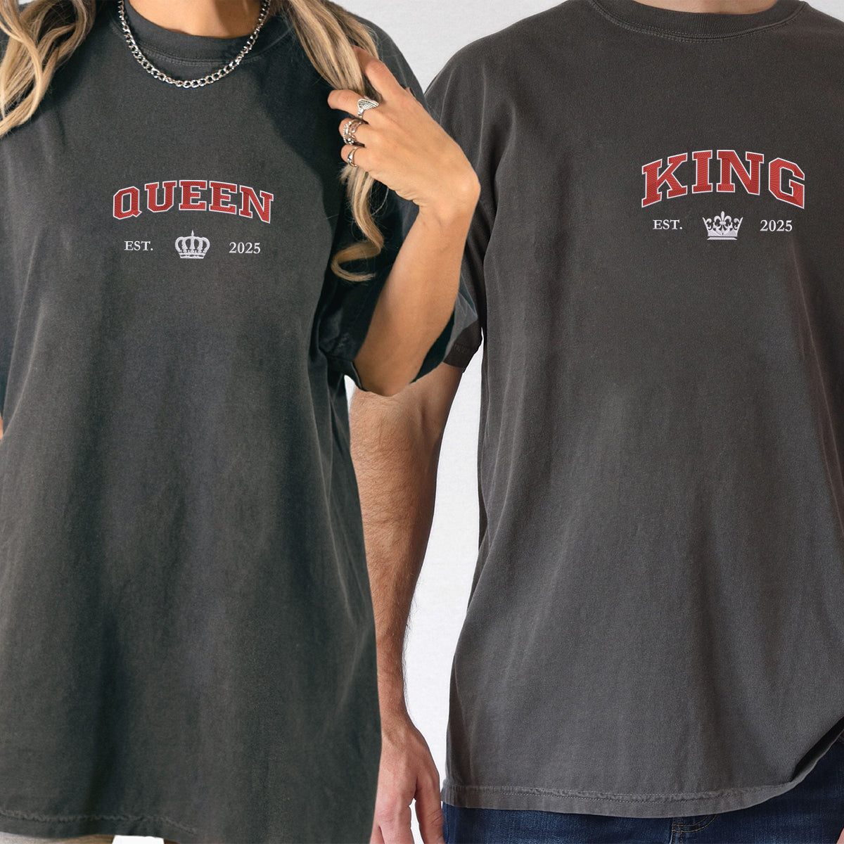 Custom Embroidered King and Queen with Est Year Matching T-shirts for Couples