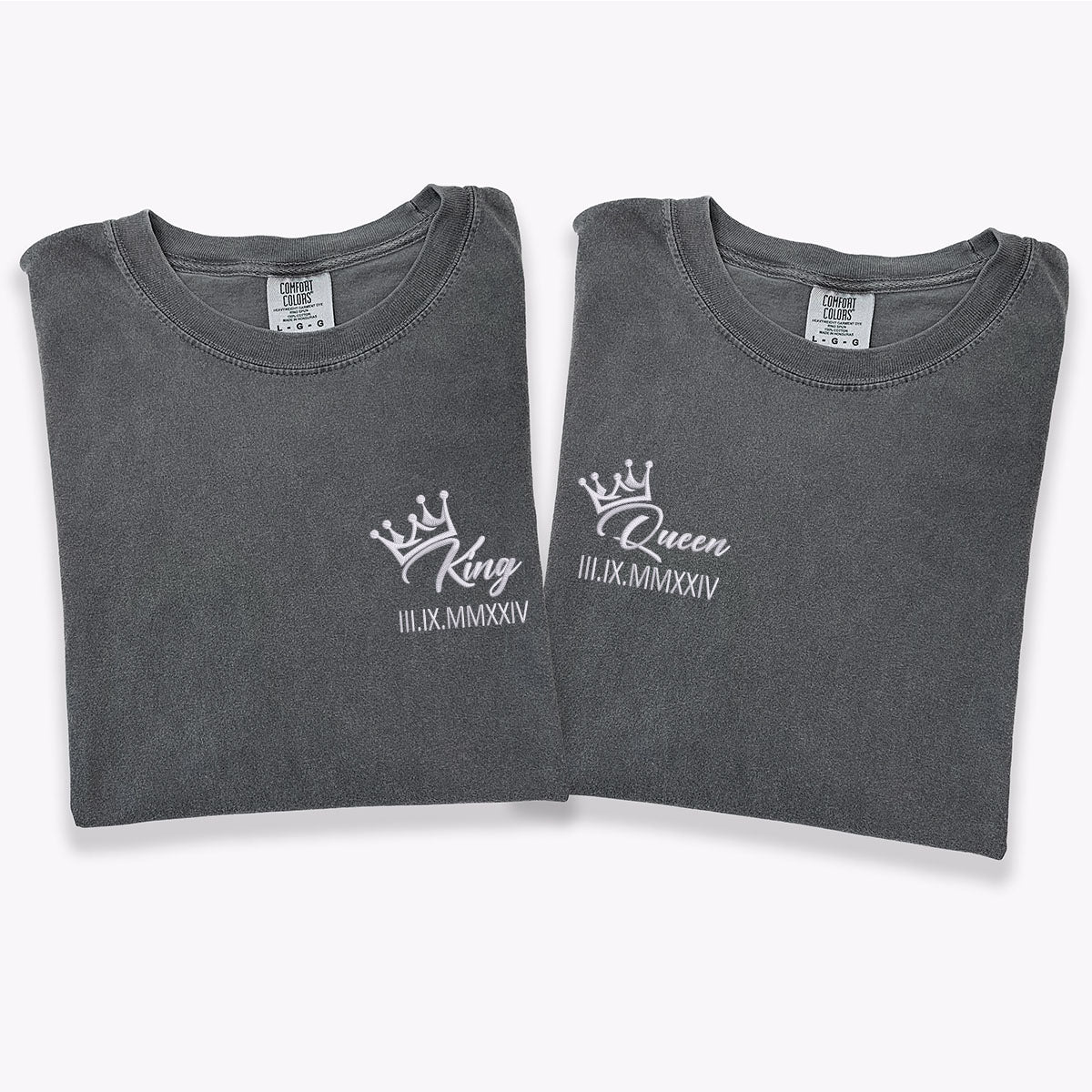 T-shirts personnalisés brodés avec chiffres romains et couronnes de roi et de reine pour couples