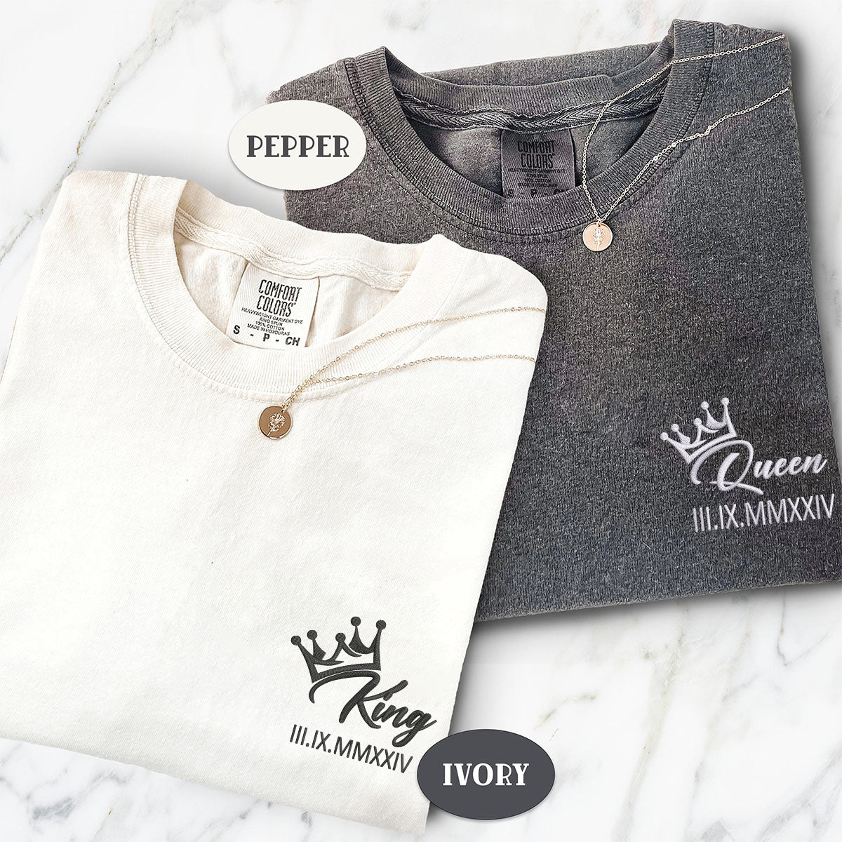 T-shirts personnalisés brodés avec chiffres romains et couronnes de roi et de reine pour couples