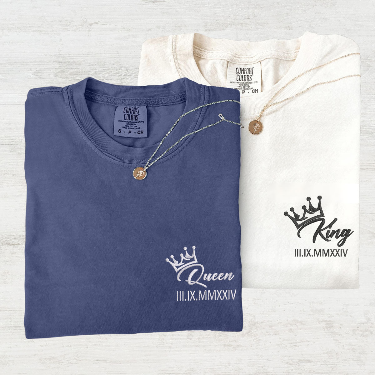 T-shirts personnalisés brodés avec chiffres romains et couronnes de roi et de reine pour couples