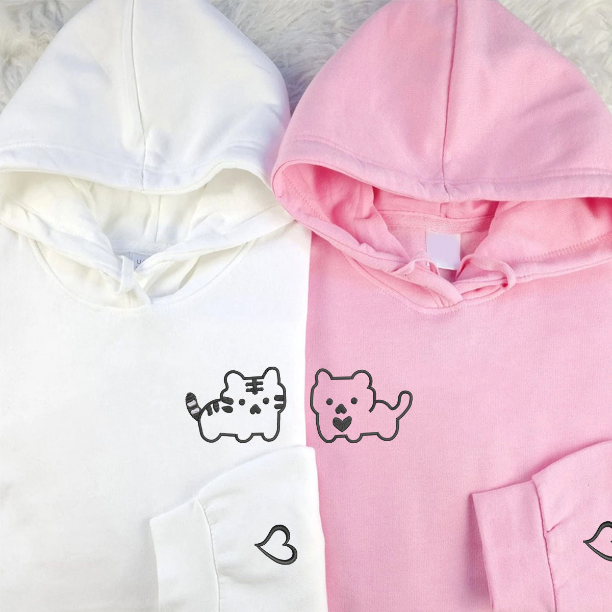 Sweats à capuche assortis et personnalisés avec motif chaton brodé pour couples